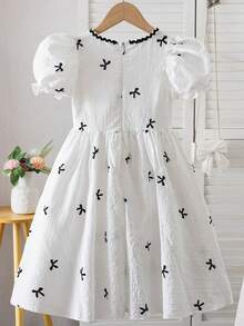 Tween Girl Bow Graphic Print Round Neck Short Sleeve Dress - White - View 2