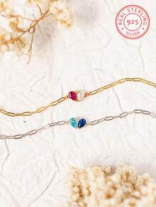 A 925 Sterling Silver Birthstone Bracelet, Featuring Customisable Birthstone Jewellery With A Paperclip Chain, Perfect For Birthdays, Anniversaries And Festive Celebrations-An Ideal Gift For Mother's Day. A Double-Gemstone Heart-Shaped Birthstone Ring. A Simple Yet Personalised Gift, Ideal For Cherished Friends, Confidants And Mothers. - Multicolor - View 6