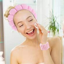 X Milania 1 Face Washing Headband/2 Face Washing Wrist Straps/3 Set Of Hydrotherapy Headbands, Makeup Headbands, Face Washing Headbands, Skincare Headbands, Pink Velvet Fluffy Sponge Headbands, Bows, Bubbles, Hydrotherapy Headbands, Wristbands, Set Of Women's And Girls' Hair Accessories - Multicolor - View 3