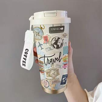 1 pieza Vaso aislado de acero inoxidable con diseño de mapa mundial, tapa a prueba de fugas y asa de transporte, estructura duradera, mantiene las bebidas calientes/frías durante horas, conveniente para viajes, oficina, gimnasio, gran regalo para Navidad, Día de San Valentín
