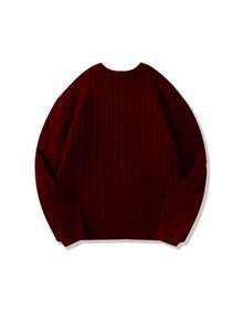 白色 Yue 男士休闲加厚扭绳纽扣落肩圆领毛衣，适合通勤、秋冬新款、圣诞节、新年等场合，长袖上衣 - 紅色 - 查看 6