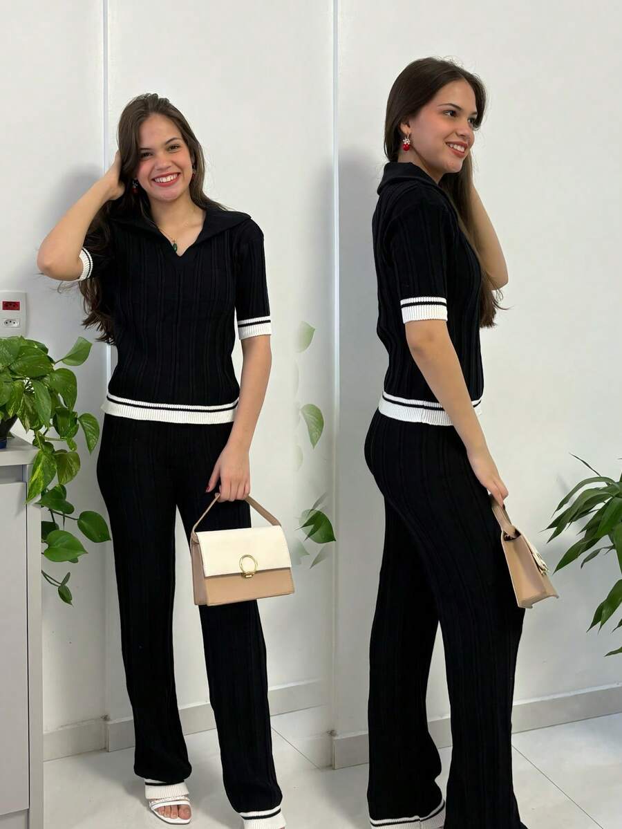 Modal Knit Suit With Wide Leg Pants And Short Sleeve Polo Neck Top Color Block Striped Pocket Zipper Drawstring - màu đen - Xem 1