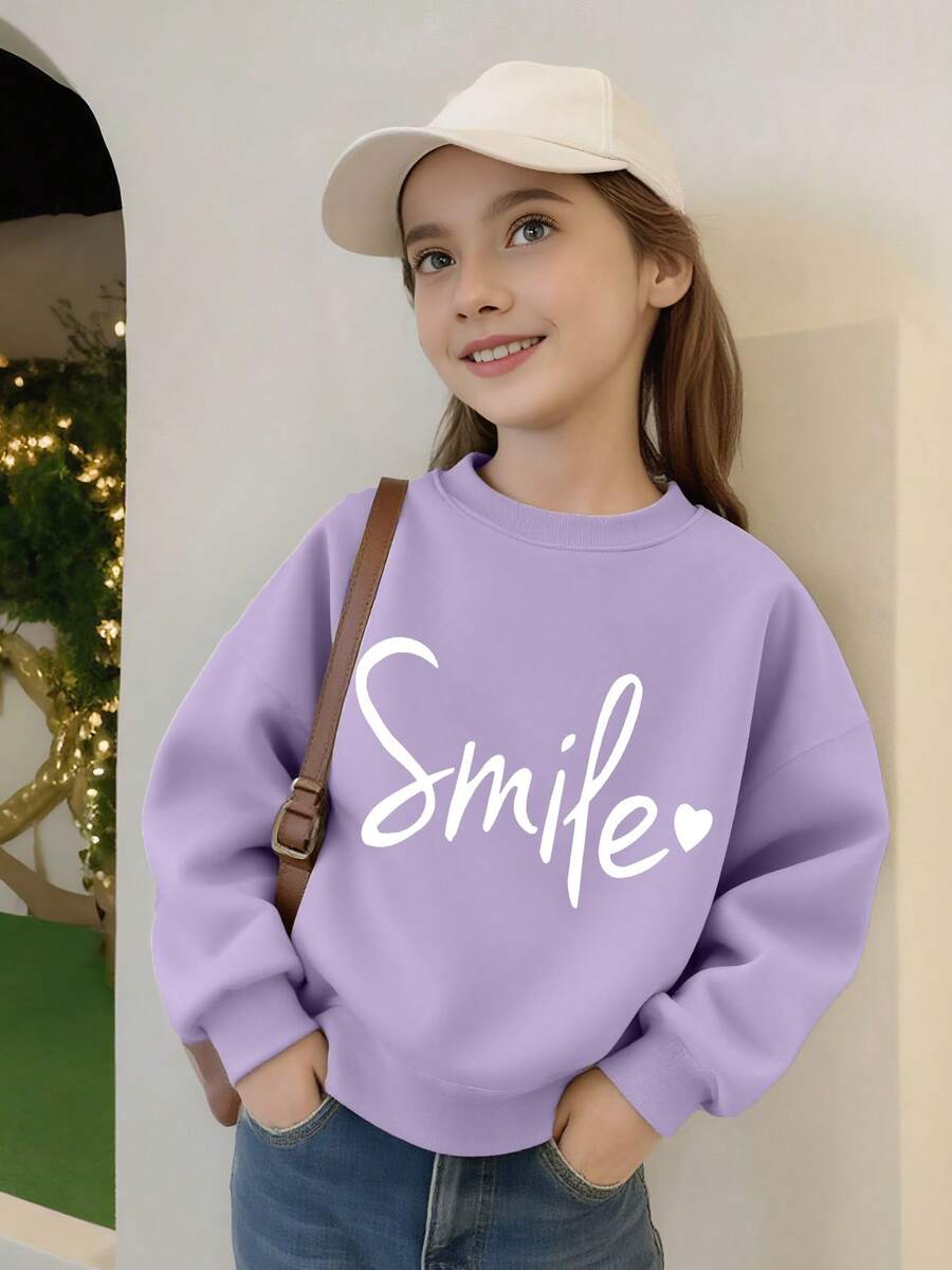1 pieza Sudadera de niña con estampado "Sonrisa" fresco, tela suave, estilo versátil para salidas casuales - Morado - Ver 1