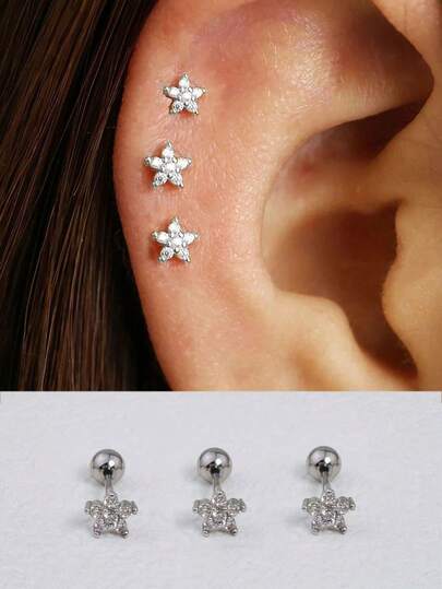3Pcs Stainless Steel Small Five Petal Flower Barbell Stud Srecw Ball Flat Back Stud Earring For Women, Silver Color Tiny Zirconia For Cartilage Helix Lobe Bohemian Elegant Piercing Jewelry