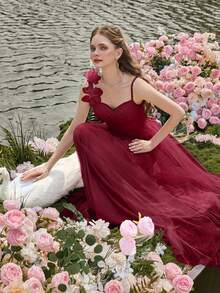 Faeriesty Luxe ELegant Ruched Front Mesh Overlay Cami Party Dress - Burgundy - View 5