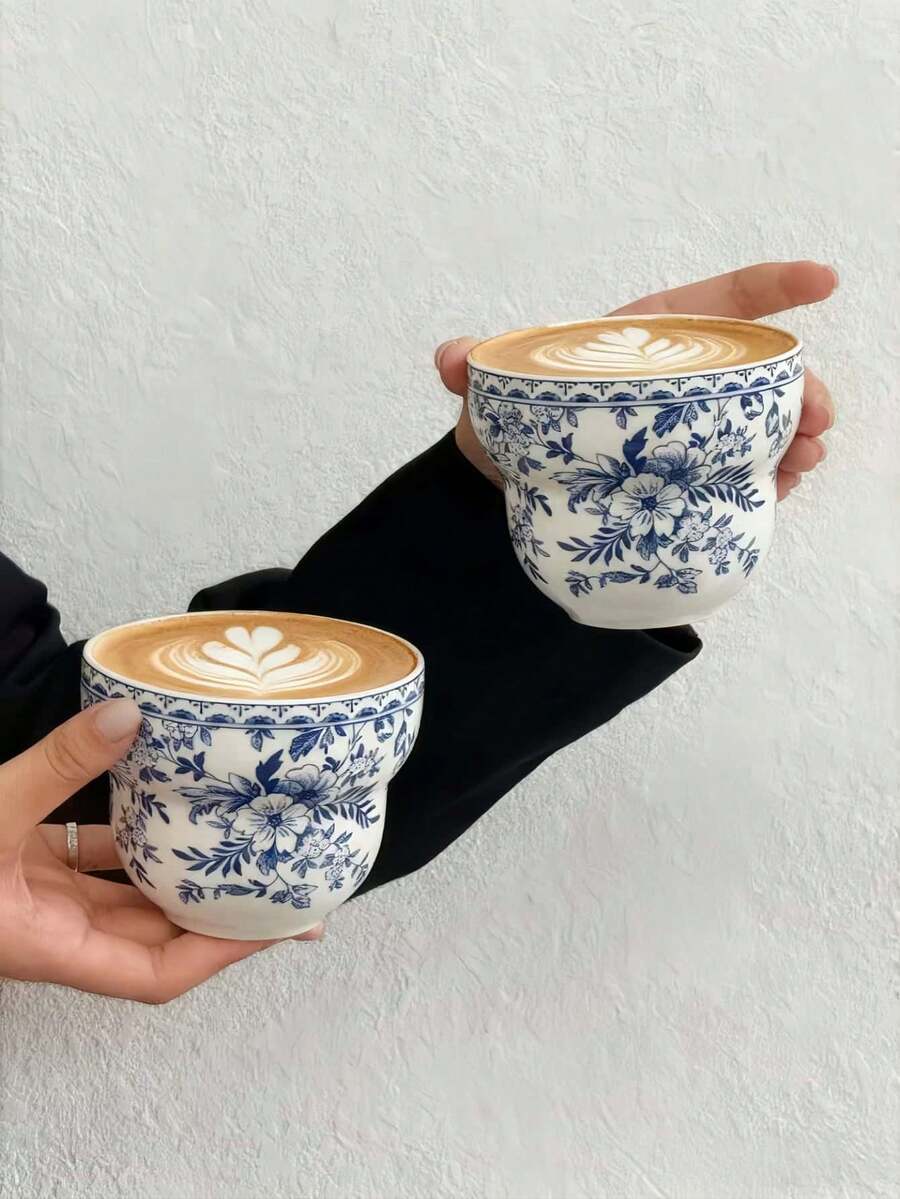 1pc精美青花瓷咖啡杯 小众青花陶瓷杯 特色饮品/冷饮杯 早餐奶杯 客杯 适用于居家 餐厅 咖啡厅 甜品店 聚会 派对 返校 - 藍色 - 查看 1