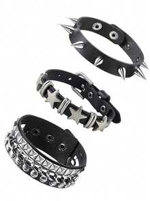 3件套朋克摇滚皮质手链，女士流行80、90年代Emo风格配饰，复古铆钉可调节缠绕式腕带 - 黑色 - 查看 7