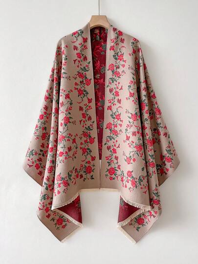 1条优雅花卉提花仿羊绒保暖围巾，适合秋冬季节，时尚百搭，可作空调披肩毯，日常搭配及连衣裙装饰皆宜。