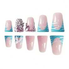Autumn And Winter New Duck Bill 24 Blue And White Contrasting Color Manicure Butterfly Three-Dimensional Bow Star Diamond Jewelry Fashion Manicure Set - Yzaso-1186 - View 3