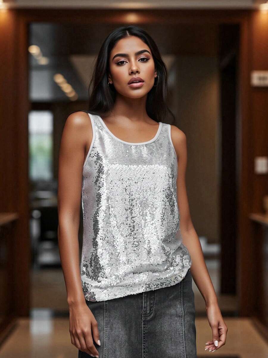 Sequin Tops For Women Y2k Sparkle Camisole Shimmer Sleeveless Crew Neck Tanks Top Glitter Crop Disco Party Shirt Cami Outfit - Bạc - Xem 1