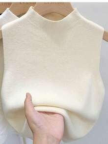 Camiseta sin mangas de punto para mujer, suéter corto y ajustado sin mangas, suéteres sólidos para primavera y otoño - Albaricoque - Ver 2