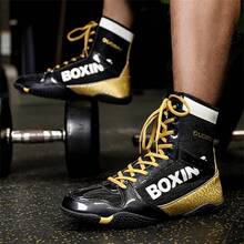 Men's Professional Wrestling Shoes, High-Top Competition Training Shoes, Wrestling Shoes & Fitness Boots, Colorful Patchwork Sports Shoes, Synthetic Leather & Mesh Material, Indoor Fitness Non-Slip Boxing Training Shoes, Suitable For All Seasons, Size: 36-46 - Black Gold - View 3