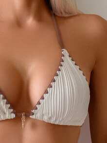 2026 New Floral Print Solid Color Tie-Up Ruffle Trim Bikini Swimsuit Set, Women Swimwear For Beach Vacation