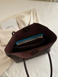 2pcs Women Black Quilted Lining Shoulder Tote Bag, Fashion Large Capacity Combination Handbag With Snap Closure, Casual Street Style For Daily Commute