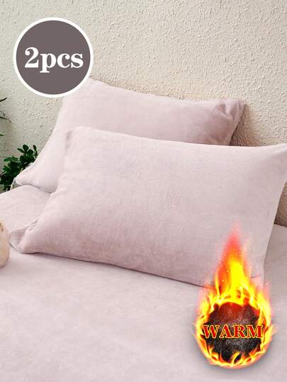 2pcs Pale Pink Autumn And Winter Plus Velvet Padded Crystal Velvet Flannel Pillowcase Solid Color Japanese Simple Solid Color, Super Soft, Breathable, Simple, Fashionable And Casual Daily Life, Four Seasons Student Dormitory, Pillowcase, Excluding Pillow Core, Bedding, Hotel, Household Items, TwinFullQueenKing.