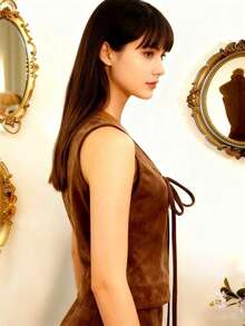 Women's New Fashion Sexy Western Cowgirl Style Retro Open Front Suede Sleeveless Vest, Versatile Casual Tie-Up Design Street Style Suitable For Travel - Brown - View 11