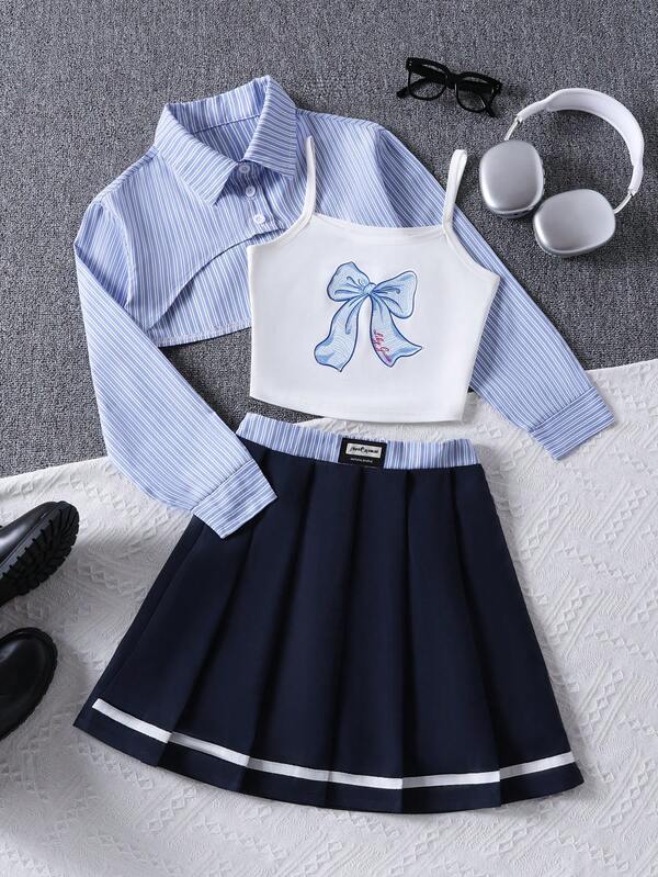 Set 3 buc. fete, cămașă casual cu dungi, camisol cu imprimeu fluture și fustă mini plisată, potrivită pentru primăvară și toamnă
