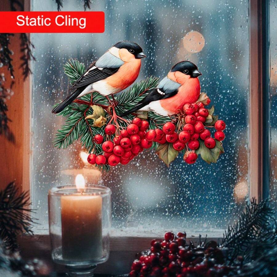 Weihnachts-Spatz-Fenster-Statik-Aufkleber - Abnehmbare, nicht-klebende PVC-Aufkleber mit rotem Vogel und Stechpalmen-, Beerenzweig-Mustern, festliche Fensteraufkleber für Zuhause & Büro, Festivalparty-Dekoration, wiederverwendbare Weihnachtsdekoration, Weihnachtsgeschenke
