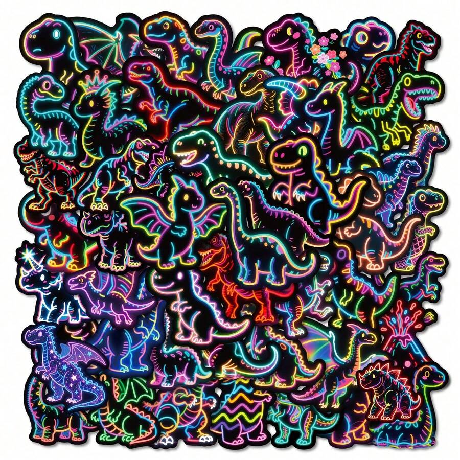 56Pcs Neon Dinosaur Stickers, Fashion Gradient Various Dinosaur Animal Graffiti Stickers, Waterproof Decals For Phone Case Water Bottle Travel Suitcase, Teens And Adult Back To School. - 彩色 - 查看 1