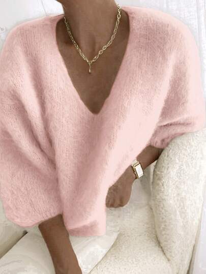 Women's Loose Casual V-Neck Solid Color Fine Velvet Knit Sweater, Autumn/Winter