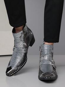1双男士蛇纹压花银色图案高帮PU皮革鞋面橡胶鞋底套脚休闲切尔西靴，适合休闲活动 - 銀色 - 查看 5