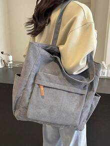 『US-Based Shipping』Simple Solid Color Corduroy Tote Bag For Women, Large Capacity Casual Outdoor Vacation Travel Shoulder Bag, Lightweight Versatile Shopping Groceries Storage Handbag, Portable Multi-Pocket Commuting Bags For Daily Office Work, Large School Tote Bag, Multiple Compartments, Perfect For Beach, School, Work & Daily Use, Literary School Bag & Bookbag For Women Or Students, Vintage Satchel Shopping Bag College Computer Bags Large Capacity, Lightweight, Portable, Suitable For Teen  Perfect For Back To School, New Fall Fashion 2025 For Women,Large Capacity Casual Outdoor Vacation Travel Shoulder Bag, Lightweight Versatile Shopping Groceries Storage Handbag, Portable Multi-Pocket Commuting Bags For Daily Office Work, Large School Tote Bag, Multiple Compartments, Perfect For Beach, School, Work & Daily Use, Literary School Bag & Bookbag For Women Or Students,Bolsos Para Mujer,Tote Bags For Women,Bags For Women,Shoulder Bag,Carteras,Carteras Para Mujer,Bolsas,Designer Handbags - 灰色 - 查看 4