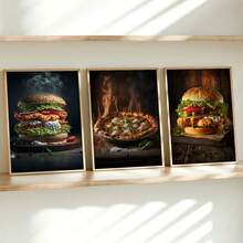 Set de 3 carteles de lienzo creativos sin marco, pintura de hamburguesa y pizza, pintura de lienzo, obra de arte de pared, adecuada para decoración del hogar, decoración de habitación, decoración de dormitorio, decoración de sala de estar, decoración de cocina, decoración de pared, arte de pared opcional con marco
