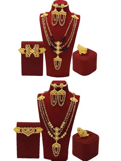 High Quality 24K Gold-Plated Pure Alloy Necklace Earrings Bracelet Ring Set Elegant Wedding Jewelry Design Dubai Turkish Style