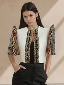 Amyenjoylife 现代菲律宾传统上衣，蝴蝶袖菲律宾传统上衣，夏季女士时尚优雅拼接泡泡袖开衫上衣，女士菲律宾传统短上衣，金色上衣 - 金色 - 查看 1