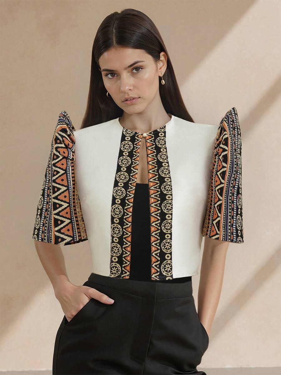 Amyenjoylife 现代菲律宾传统上衣，蝴蝶袖菲律宾传统上衣，夏季女士时尚优雅拼接泡泡袖开衫上衣，女士菲律宾传统短上衣，金色上衣 - 金色 - 查看 1