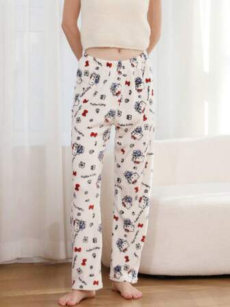 1件Hello Kitty绒毛家居裤，秋冬季毛绒家居裤，卡通可爱白色抽绳睡裤