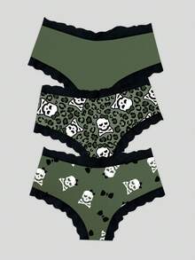 3件套豹纹、骷髅和字母蕾丝拼布女士低腰内裤 - 綠色 - 查看 2