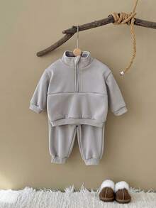 2pcs/Set Baby Boy Casual Solid Dark Gray Long Sleeve Stand Collar Zip-Up Fleece Hoodie And Pants, Autumn/Winter - Dark Grey - View 8