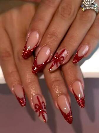 24pcs Christmas Almond-Shaped Glitter Bow Nail Stickers, French Manicure Design, Acrylic Almond Nail Stickers Fit Perfectly, Includes: 1pc Jelly Gel And 1pc Nail File. Christmas Manicure And Red Nails Make Your Fingertips Shine Beautifully, Suitable For Women And Girls For Daily Work And Parties.