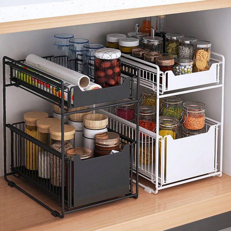 Sliding Cabinet Basket Pull Out Organizer Drawer, Kitchen Kitchen Cabinet Organizer, Sink Organizer Under Sink Cabinet Storage Rack For Kitchen Countertop Pantry Bathroom - 37.4*26.5*44cm - 白色 - 查看 1
