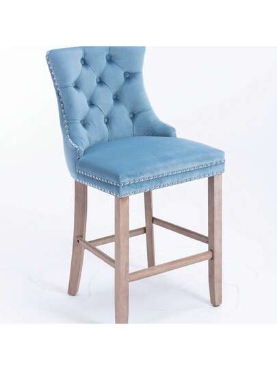 Contemporary Fluwelen Upholstered Button Tufted ation Wooden Legs, Chrome Studded Head ation, Bar Chairs, Stools, Set Of 2, DE2002OG view 8