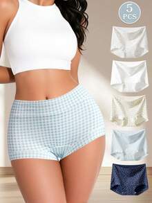 5pcs Women High Waist Printed Soft Cotton Stretch Briefs, Comfortable Fitted Panties - Multicolor - View 3