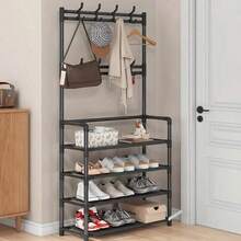 Multifunctional Metal Storage Rack With 8 Double Hooks, 5 Tier Clothes Hat Shoes Organizer Suitable For Bedroom, Living Room, Entrance And Office, Easy To Assemble
