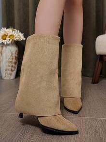 Women's Fashion Pointed Toe Solid Color Sexy Synthetic Pleated Zipper Side Slim Fit 3-Way Wear Party Autumn/Winter Over-The-Knee High Heel Boots - Khaki - View 2
