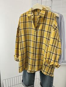 Plaid Front Button-Up Casual Long Sleeve Loose Shirt, Suitable For Autumn Spring - Yellow - View 2