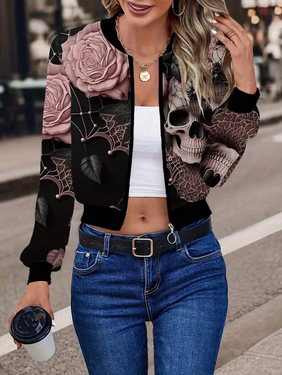 Autumn/Winter Bestseller Printed Lightweight Casual Commuter Jacket, Skull Print Ribbed Collar Jacket, Lightweight Baseball Jacket - Multicolor - View 1