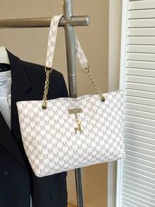 2024 New Fashion Large Capacity Handbag For Women, Vintage Chain Shoulder Tote Bag With Printed Pattern, Suitable For Commuting - White - View 2