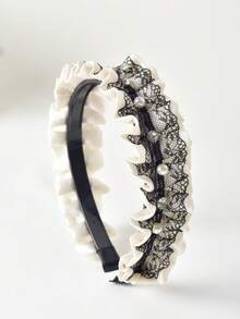 1pc Girl's New Pleated Lace Headband, Wide Rhinestone Pearl Fashion Hair Accessory