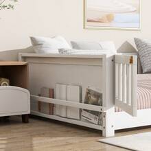 Twin Size Kids Montessori Floor Bed,Twin Floor Bed Frame With Slats And Bookcase,Solid Wood Montessori Bed For Girls Boys - Trắng + Gỗ Cao Su + Đôi-1 - Xem 5