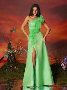 VIPGIRL Women's Asymmetric Ruffle Mesh Patchwork High Slit Evening Gown - Green - View 6