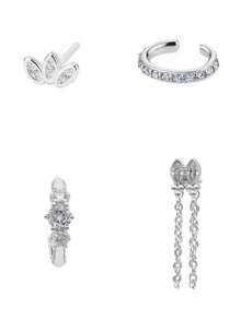 4 Pcs Deluxe 24K Gold Plated Cubic Zirconia Drop Dangle Earrings For Women Flower Chain Tassel Stud Earrings For Women Hoop Earrings Set