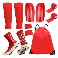 5-Piece Soccer Sports Gear Set With Silicone Grip Football Socks, Shin Guards, Protective Gear, Drawstring Backpack And Sports Tapes - Polyester And Elastane Knitted Tube Socks Solid Color Hand And Machine Washable
