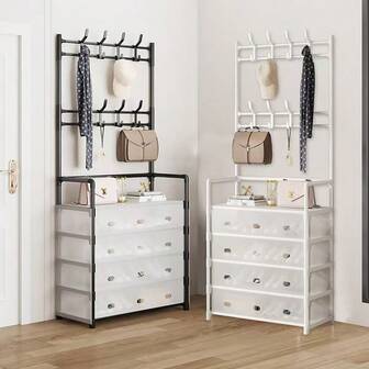 5-våningars skohylla i metall för flera ändamål, förvaringshylla, kapp- och skoorganisatör med 8 dubbla krokar och, lämplig för sovrum, vardagsrum, entré och kontor, enkel att montera, skoförvaringsorganisatör, entréorganisatör, modern estetik, robust konstruktion, skohylla för entré, minimalistisk design, konstruktion, skoorganisatör, hemförvaring, minimalistisk livsstil, skoförvaringsorganisatör