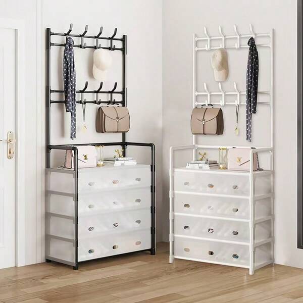 Scaffale portascarpe multifunzione in metallo a 5 ripiani, portaoggetti, organizer per cappotti e scarpe con 8 ganci doppi, adatto per camera da letto, soggiorno, ingresso e ufficio, facile da montare, organizer per scarpe, organizer per ingresso, design moderno, costruzione robusta, scaffale portascarpe per ingresso, design minimalista, organizer per scarpe, archiviazione domestica, stile di vita minimalista