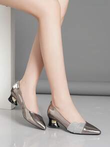 Comfortable & Fashionable High Heel Shoes With Rhinestones, Black, White, Silver, Brown, Work Shoes, Pointed Toe, Chunky Heel, Slip-On, Versatile Women Shoes, Spring/Autumn - Silver Gray - View 4